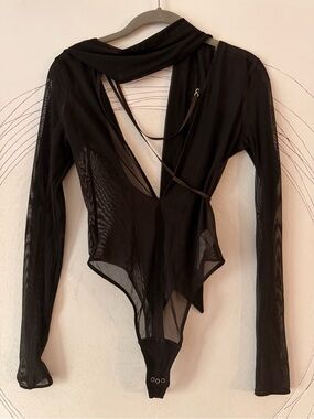 Black Sheer Strappy Long-Sleeve Bodysuit